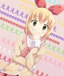  annaka_(nichijou) background_text blonde_hair blush catchphrase cccpo covering covering_face covering_mouth dutch_angle green_eyes hair_ribbon looking_at_viewer nichijou ribbon school_uniform short_hair solo wide-eyed wide_eyed yellow_eyes 