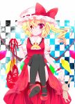  black_legwear blonde_hair blood eyepatch flandre_scarlet hat highres mary_janes panties red_eyes shino_(mijinko) shoes smile solo striped striped_panties stuffed_animal stuffed_toy the_embodiment_of_scarlet_devil thigh-highs thighhighs touhou underwear wrist_cuffs 