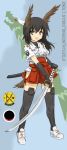  black_hair commentary commentary_request green_eyes head_wings japanese_clothes katana nontraditional_miko ogitsune_(ankakecya-han) strike_witches strike_witches_1991 sword tail thigh-highs thighhighs uniform weapon 