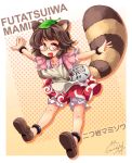  :d animal_ears bloomers bottle brown_eyes brown_hair character_name futatsuiwa_mamizou glasses leaf leaf_on_head open_mouth outstretched_arms pince-nez raccoon_ears raccoon_tail sake_bottle short_hair skirt smile solo spread_arms tail touhou windart 