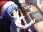  blush computer_keyboard cup hat looking_at_viewer masirogohan mogami_noa monitor original red_eyes santa_hat short_hair sitting solo stylus sweater tablet 