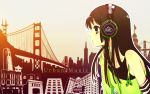  black_hair blue_eyes bridge cityscape elbow_gloves gloves headphones highres itou_noiji k-on! long_hair wallpaper 