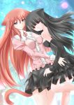  adult animal_ears black_dress black_hair blue_eyes breasts cat_ears cat_tail catstudio_(artist) detached_sleeves dress kuro_(miku_plus) long_hair multiple_girls original pink_dress puni_(miku_plus) red_eyes red_hair redhead smile tail 