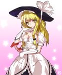  adult alphes_(style) blonde_hair braid breasts cleavage dress elbow_gloves gloves hair_ribbon hat hat_ribbon invincible_marisa kaoru_(gensou_yuugen-an) kirisame_marisa mushroom new_super_marisa_land parody puffy_sleeves ribbon side_braid single_braid solo star style_parody touhou white_gloves witch witch_hat yellow_eyes 