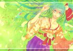  bow female flower from_above green_eyes green_hair hair_bow hair_flower hair_ornament hatsune_miku highres japanese_clothes kimono leaf long_hair lying multicolored multicolored_eyes solo twintails vocaloid 