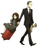  bandage cast formal long_hair madoka_(potechoco) necktie sebumi_takeru simple_background spec suitcase touma_saya 