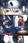  blonde_hair blue_eyes choker comic copyright_request couch feet_on_table fingerless_gloves fork gloves hoodie justminor plate short_hair sitting 