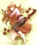  animal_ears apple bad_id barefoot brown_hair feet food fruit highres holo horo kaiso2011 long_hair lying red_eyes smile solo spice_and_wolf tail wolf_ears wolf_tail 