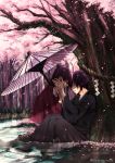  1girl black_hair brown_hair closed_eyes couple eyes_closed hakuouki_shinsengumi_kitan japanese_clothes kimono long_hair oriental_umbrella petals saitou_hajime_(hakuouki) umbrella uzura_yuuno yukimura_chizuru 