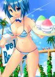  blue_eyes blue_hair crab detached_collar original placard ragu_(legoblock) shaved_ice short_hair striped striped_bikini striped_swimsuit swimsuit tray wrist_cuffs 