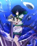  anchor black_hair hat hat_removed headwear_removed midriff murasa_minamitsu navel red_eyes sailor sailor_collar sailor_dress sailor_hat shorts solo touhou tsukikusa underwater 