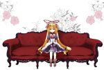  blonde_hair child couch curiosities_of_lotus_asia detached_sleeves dress floral_background flower hat highres long_hair long_sleeves looking_at_viewer purple_dress purple_eyes ribbon_choker sitting smile solo touhou twintails violet_eyes yakumo_yukari yoshida_nishi young 