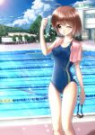  ahoge arudehido bench blue_sky blue_swimsuit blush brown_eyes brown_hair chair cloud collarbone competition_swimsuit forest goggles goggles_removed nature one-piece_swimsuit open_mouth original pool poolside school short_hair sky solo standing sunlight swimsuit towel towel_on_shoulders tree wet wet_clothes wet_hair wink 