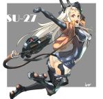  bigegg bodysuit bullpup cable gun highres long_hair mecha_musume mechanical midair open_mouth original p90 personification red_eyes simple_background sling solo su-27 submachine_gun tail teeth thighhighs vest weapon white_hair 