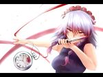  bad_perspective blood braid bust grey_hair highres izayoi_sakuya knife letterboxed maid_headdress pnoji pocket_watch red_eyes reverse_grip short_hair silver_hair simple_background solo the_embodiment_of_scarlet_devil throwing_knife touhou twin_braids watch weapon white_background 