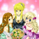  3girls alternate_costume blonde_hair blue_eyes bouquet brown_hair dress flower hair_flower hair_ornament long_hair metroid necklace nintendo open_mouth ponytail princess_peach princess_zelda samus_aran smile super_mario_bros. super_smash_bros. the_legend_of_zelda yuinopartyyou127 