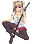  blonde_hair blue_eyes breasts cleavage copyright_request hoippu katana sarashi sheath simple_background sitting sketch skirt smile solo sword thigh-highs thighhighs twintails weapon 