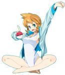  1girl aqua_eyes arm_up armpits barefoot brown_hair green_eyes gym_leader holding holding_poke_ball indian_style jacket jacket_over_swimsuit kasumi_(pokemon) kasumi_(pokemon)_(hgss) one-piece_swimsuit open_mouth orange_hair poke_ball pokemon pokemon_(game) pokemon_gsc pokemon_heartgold_and_soulsilver pokemon_hgss short_hair simple_background sitting smile solo swimsuit white_background 