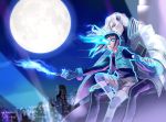  blue_eyes blue_fire blue_flame brown_hair cape fire full_moon gloves glowing glowing_eyes grey_hair hair_ornament hairclip kaburagi_kaede lips long_hair lunatic_(tiger_&amp;_bunny) male moon pale_skin shorts side_ponytail silver_hair striped striped_legwear superhero thighhighs tiger_&amp;_bunny vest yuri_petrov 