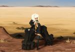  amputee ankle_boots barbariank black_rock_shooter boots desert highres hood mechanical_arms ribbon strength_(black_rock_shooter) tail tan thigh-highs thighhighs white_hair 