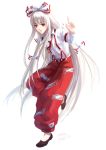  ato_shen bow fujiwara_no_mokou hair_bow long_hair pointing pointing_up red_eyes ribbon silver_hair simple_background solo suspenders touhou very_long_hair 
