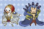  altarnate_hair_color alternate_hair_color azazel beak beelzebub_(azazel-san) blonde_hair blue_hair closed_eyes coat creature crown epaulettes eyes_closed feathers parody shindou_sugata star star_driver tsunashi_takuto yondemasuyo_azazel-san 