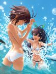  :d antenna_hair ass bikini black_bikini black_hair blue_eyes blurry closed_eyes cloud depth_of_field eyes_closed fang ganaha_hibiki halterneck highres idolmaster kikuchi_makoto long_hair multiple_girls navel nekopuchi open_mouth short_hair sky smile splash splashing submerged swimsuit swimsuit_under_swimsuit teeth wading water wet white_bikini 