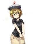  1girl alternate_costume blonde_hair brown_eyes casual contemporary crescent face harusame_(unmei_no_ikasumi) hat lunasa_prismriver pants short_hair simple_background smile solo sweater touhou v_arms yellow_eyes 