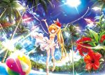  ascot ball beachball bikini blonde_hair blush bow catbell cloud coconut_tree flandre_scarlet flower hair_bow hibiscus highres long_hair navel palm_tree red_eyes sarong side_ponytail sky smile solo sun swimsuit the_embodiment_of_scarlet_devil touhou tree very_long_hair water wings 