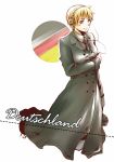  axis_powers_hetalia bad_id blonde_hair blue_eyes breast_hold breasts coat female garrison_cap genderswap german german_flag germany_(hetalia) hat hat_removed headphones headwear_removed kneeling large_breasts military military_uniform necktie overcoat pu short_hair simple_background smile solo text translated uniform 