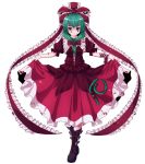  arm_ribbon blood blood_on_clothes blood_on_face blood_stain bloody_clothes boots curtsey dress dress_lift green_eyes green_hair hair_ribbon highres kagiyama_hina nikka nikka_(cryptomeria) red_dress ribbon skirt_hold smile solo standing touhou yandere 
