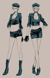  artist_request beret boots breasts cleavage genderswap gloves hair_over_one_eye hat legs midriff monochrome multiple_girls navel one_piece roronoa_zoro sanji shoes short_hair shorts 