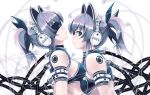  animal_ears black_eyes exit_tunes grey_hair headphones misaki_kurehito ponytail ribbon simple_background two_girls wires 