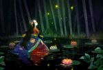  bamboo black_hair fireflies flower forehead hair_ornament japanese_clothes kaguya_hime kimono kotetsu_(popeethe) lily_pad long_hair partially_submerged plant profile solo submerged water 