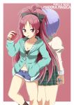  apple back-to-back blue_hair bow breasts cleavage food from_behind fruit hair_bow hand_in_pocket holding holding_apple holding_fruit long_hair mahou_shoujo_madoka_magica miki_sayaka mouth_hold multiple_girls ookami_maito pleated_skirt pocky ponytail red_eyes red_hair redhead sakura_kyouko short_hair short_shorts shorts simple_background skirt zipper 