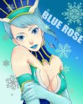  bare_shoulders blue_eyes blue_hair blue_rose_(tiger_&amp;_bunny) breasts character_name cleavage earrings elbow_gloves fingernails gloves hat jewelry karina_lyle lipstick makeup niko_(fu-uj12) oppai short_hair snowflakes solo superhero tiger_&amp;_bunny 