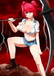  alternate_costume bell boots breasts cleavage cutoffs denim denim_shorts front-tie_top hair_bobbles hair_ornament highres large_breasts lightning mattari_yufi midriff navel onozuka_komachi red_eyes red_hair redhead scythe short_shorts shorts sleeves_rolled_up slit_pupils smirk solo tied_shirt touhou twintails 