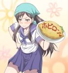  blush brown_hair food hanasaku_iroha hand_on_hip head_scarf hips ketchup long_hair omelet omurice school_uniform tsurugi_minko 