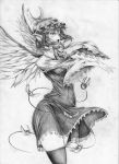  absurdres graphite_(medium) hand_on_own_chest hand_to_chest hands hat highres kitazinger monochrome mystia_lorelei outstretched_arm short_hair singing solo thighhighs touhou traditional_media wings zettai_ryouiki 