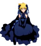  blonde_hair blue_dress blue_eyes breasts dress flower genderswap gloves gown kittan matsukaze_yukiji ribbon solo sweatdrop tengen_toppa_gurren_lagann white_background 