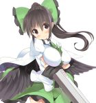  alternate_hairstyle arm_cannon black_hair blush breast_hold breasts brown_hair cape hair_ribbon large_breasts long_hair looking_at_viewer ponytail red_eyes reiuji_utsuho ribbon sil skirt solo takashiru touhou weapon wings 