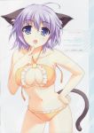  alpha_(artist) animal_ears bikini blue_eyes breasts cat_ears cat_tail cleavage cleavage_cutout finger_to_mouth frilled_bikini frills halterneck hand_on_hip hand_to_mouth hips leaning_forward navel o-ring_top open_mouth original purple_hair scan short_hair solo swimsuit tail 