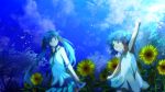  bow child dress dual_persona flower hair_bow hatsune_miku highres mariwai_(marireroy) sunflower time_paradox twintails vocaloid 