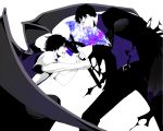  2boys black_hair hino_eiji kamen_rider kamen_rider_ooo_(series) kiyoto_maki lock-a maki_kiyoto male purple_eyes simple_background violet_eyes weapon wings 