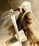  ami_thompson cape claymore claymore_(sword) closed_eyes eyes_closed highres irene long_hair pointy_ears solo sword thighhighs weapon white_hair 