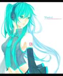  aqua_eyes aqua_hair bad_id detached_sleeves hatsune_miku headphones letterboxed loalo long_hair midriff navel necktie skirt solo twintails very_long_hair vocaloid white-lily-0810 