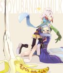  bike_shorts blue_hair elbow_gloves food fruit glasses gloves hubert_ozwell hug leggings looking_back glasses multicolored_hair open_mouth pascal red_hair redhead scarf shihage sitting spats tales_of_(series) tales_of_graces two-tone_hair white_hair wink 