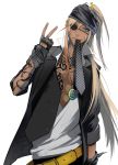  badou_nails belt blonde_hair blue_eyes dark_skin dogs:_bullets_&amp;_carnage earrings eyepatch fingerless_gloves gloves hand_in_pocket jewelry koutarou_(artist) light_smile long_hair male mouth_hold necklace necktie open_clothes open_shirt shirt solo tattoo v 