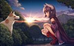  brown_eyes brown_hair crystal_friends dog dress game_cg horns seirei_tenshou simple_girl squatted sunset wrap 