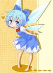  bad_id bare_legs barefoot blue_dress blue_eyes blue_hair bow child cirno dress face feet hair_bow highres jigatei_(omijin) leaning_forward omijin short_hair smile solo touhou wings 